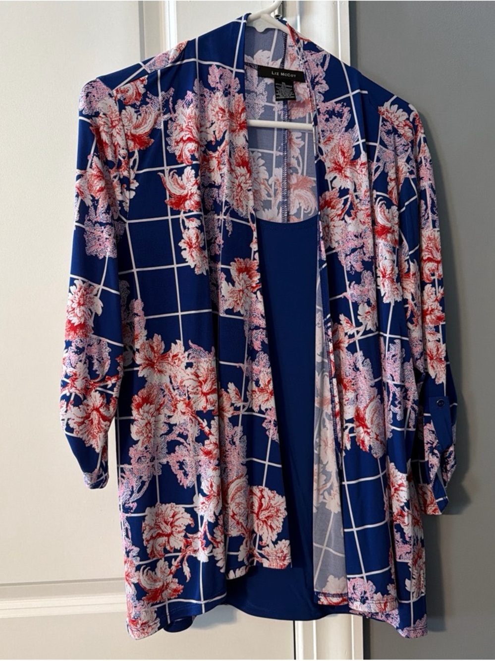 Blue Floral Grid Open Front Cardigan